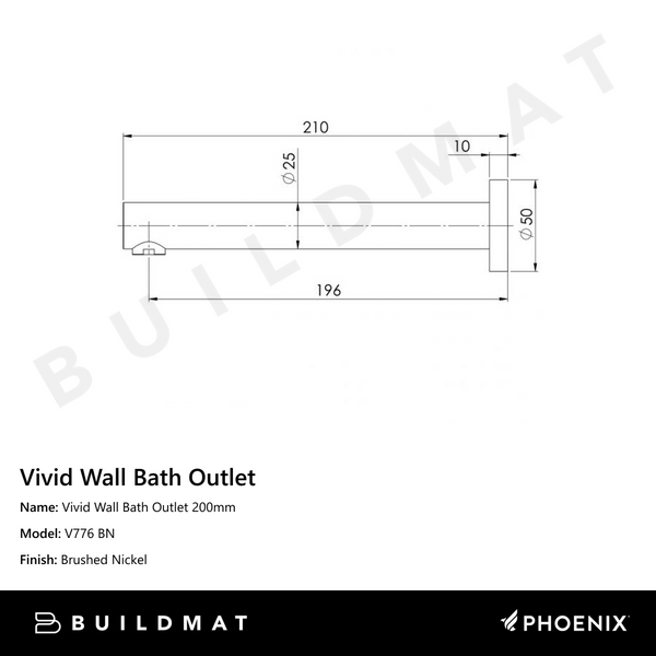 Phoenix Vivid Wall Bath Outlet 200mm Brushed Nickel