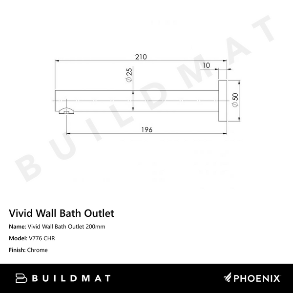 Phoenix Vivid Wall Bath Outlet 200mm Chrome