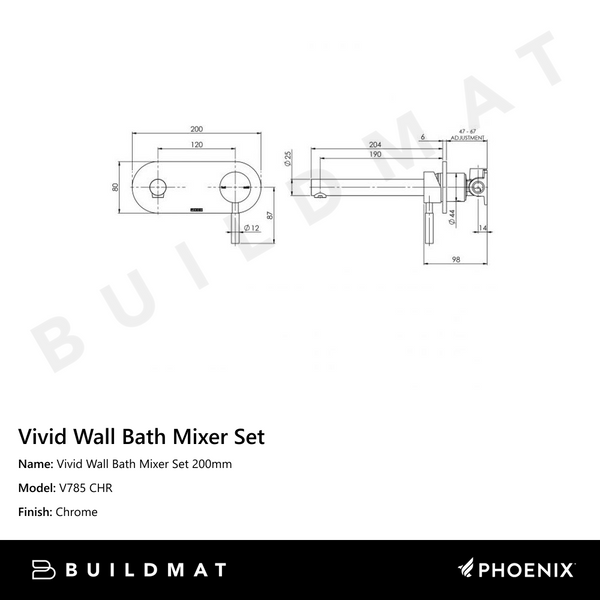 Phoenix Vivid Wall Bath Mixer Set 200mm Chrome