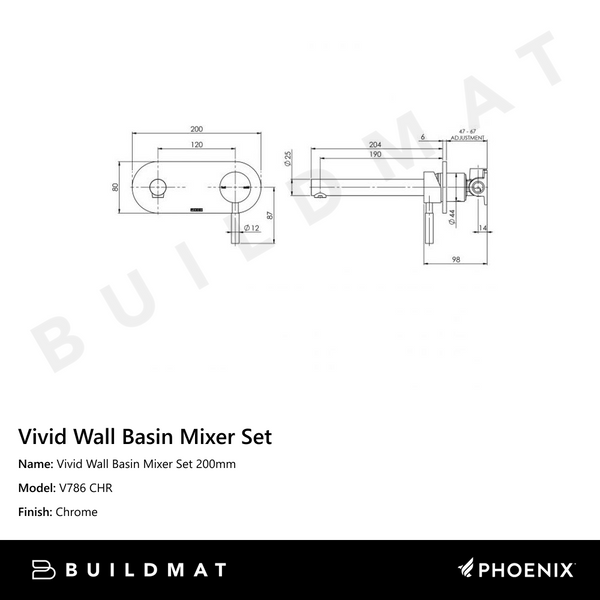 Phoenix Vivid Wall Basin Mixer Set 200mm Chrome