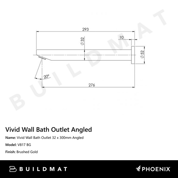Phoenix Vivid Wall Bath Outlet 32 x 300mm Angled Brushed Gold