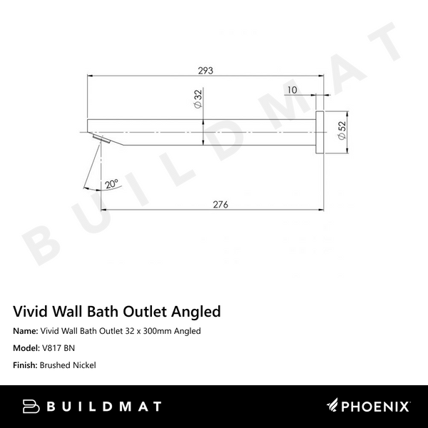 Phoenix Vivid Wall Bath Outlet 32 x 300mm Angled Brushed Nickel