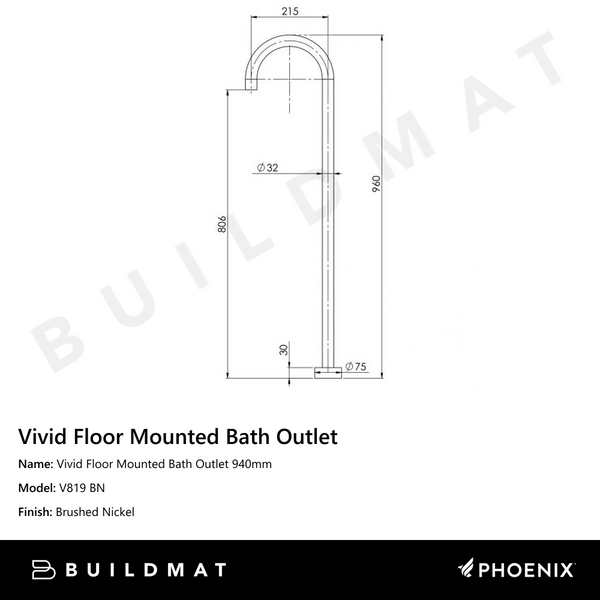 Phoenix Vivid Floor Mounted Bath Outlet 940mm Brushed Nickel