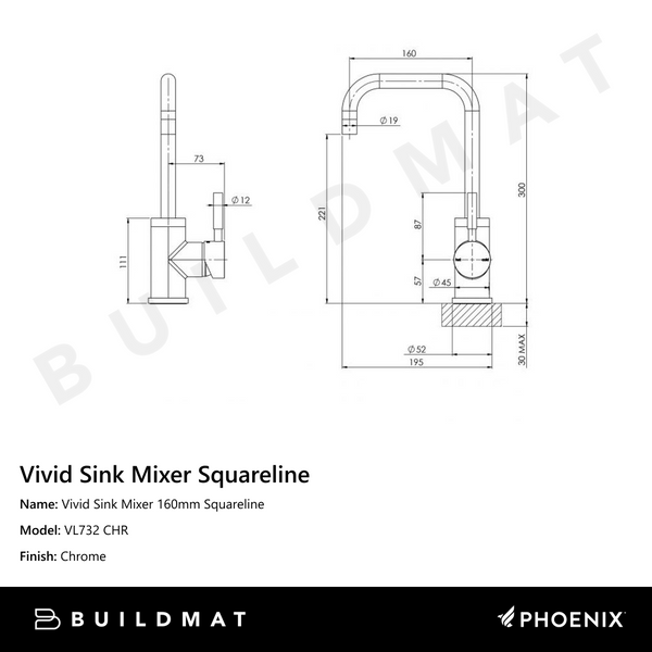 Phoenix Vivid Sink Mixer 160mm Squareline Chrome