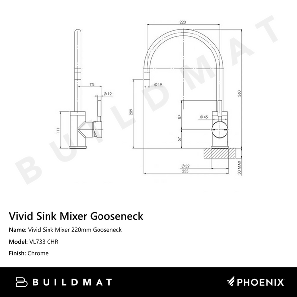 Phoenix Vivid Sink Mixer 220mm Gooseneck Chrome