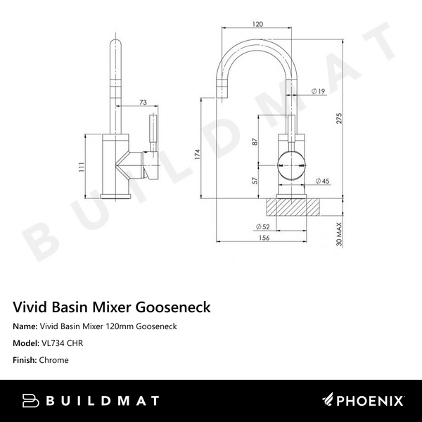 Phoenix Vivid Basin Mixer 120mm Gooseneck Chrome
