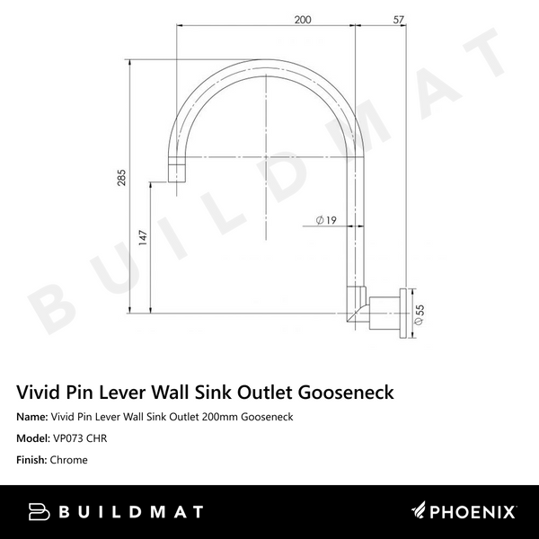 Phoenix Vivid Pin Lever Wall Sink Outlet 200mm Gooseneck Chrome