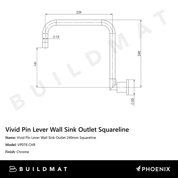 Phoenix Vivid Pin Lever Wall Sink Outlet 240mm Squareline Chrome