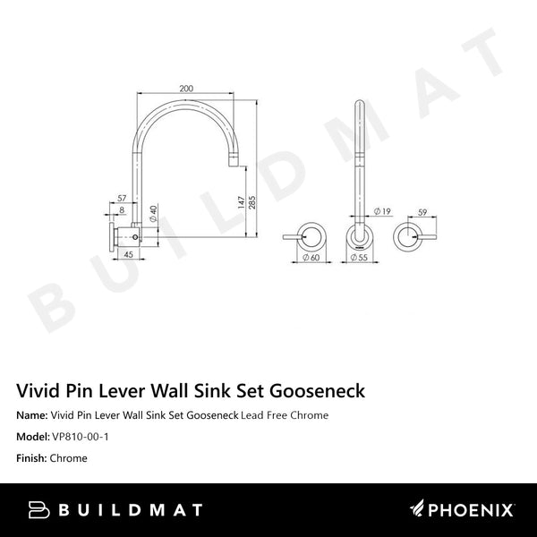 Phoenix Vivid Pin Lever Wall Sink Set 200mm Gooseneck Lead Free Chrome