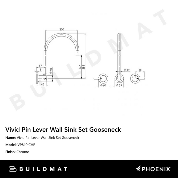 Phoenix Vivid Pin Lever Wall Sink Set 200mm Gooseneck Chrome