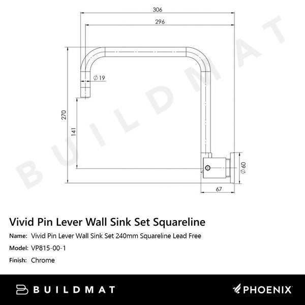 Phoenix Vivid Pin Lever Wall Sink Set 240mm Squareline Lead Free Chrome