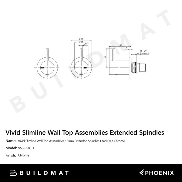 Phoenix Vivid Slimline Wall Top Assemblies 15mm Extended Spindles Lead Free Chrome