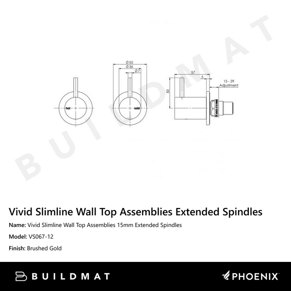Phoenix Vivid Slimline Wall Top Assemblies 15mm Extended Spindles Brushed Gold