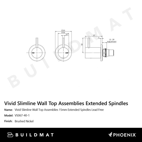 Phoenix Vivid Slimline Wall Top Assemblies 15mm Extended Spindles Lead Free Brushed Nickel