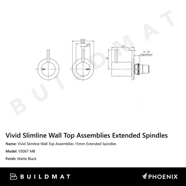 Phoenix Vivid Slimline Wall Top Assemblies 15mm Extended Spindles Matte Black