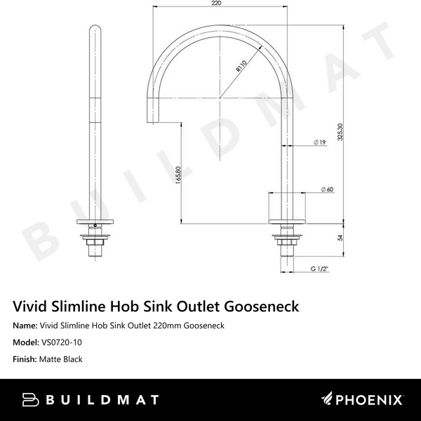 Phoenix Vivid Slimline Hob Sink Outlet 220mm Gooseneck Matte Black