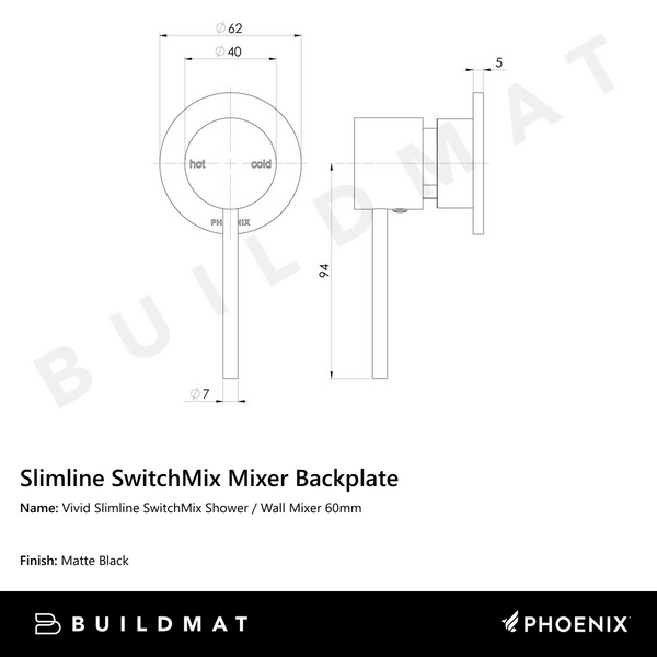 Phoenix Vivid Slimline SwitchMix Shower / Wall Mixer 60mm Backplate Matte Black (Complete Kit)