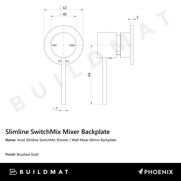 Phoenix Vivid Slimline SwitchMix Shower/Wall Mixer 60mm Backplate (Fit-Off Kit) Brushed Gold