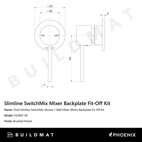 Phoenix Vivid Slimline SwitchMix Shower / Wall Mixer 60mm Backplate Fit-Off Kit Brushed Nickel