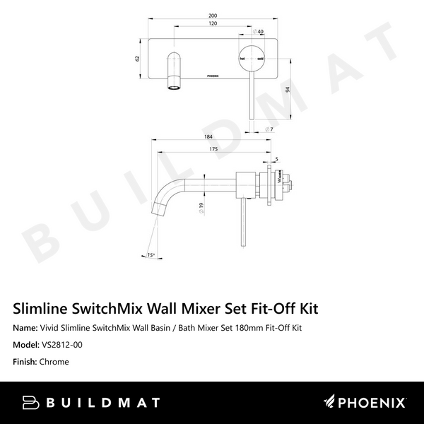 Phoenix Vivid Slimline SwitchMix Wall Basin / Bath Mixer Set 180mm Fit-Off Kit Chrome