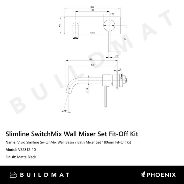 Phoenix Vivid Slimline SwitchMix Wall Basin / Bath Mixer Set 180mm Fit-Off Kit Matte Black