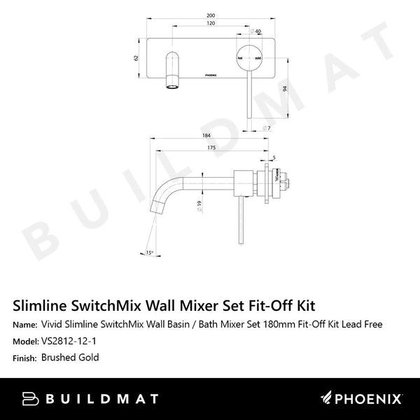 Phoenix Vivid Slimline SwitchMix Wall Basin / Bath Mixer Set 180mm Fit-Off Kit Lead Free Brushed Gold