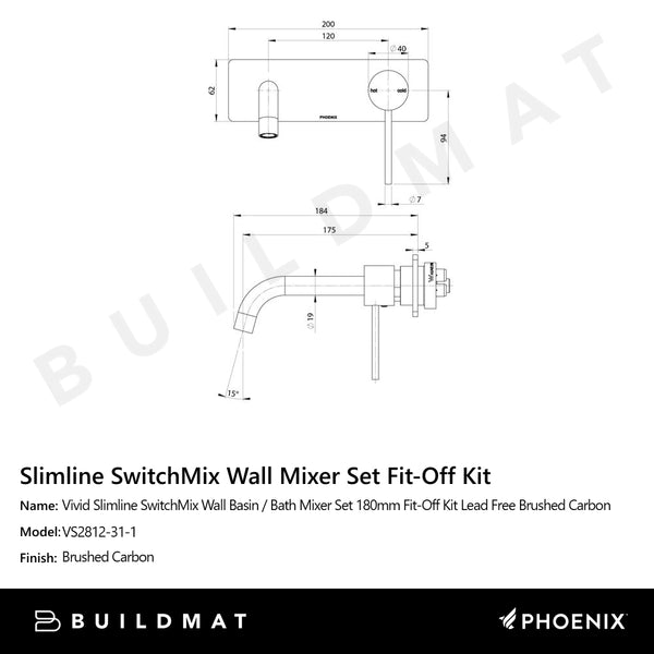 Phoenix Vivid Slimline SwitchMix Wall Basin / Bath Mixer Set 180mm Fit-Off Kit Lead Free Brushed Carbon