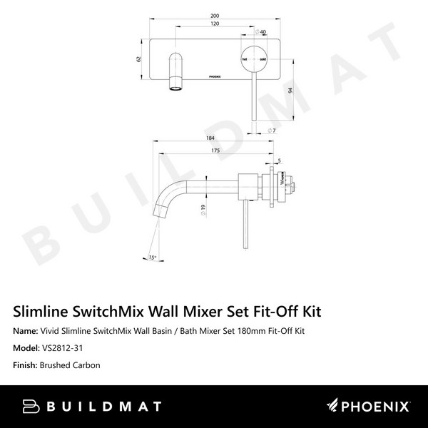 Phoenix Vivid Slimline SwitchMix Wall Basin / Bath Mixer Set 180mm Fit-Off Kit Brushed Carbon