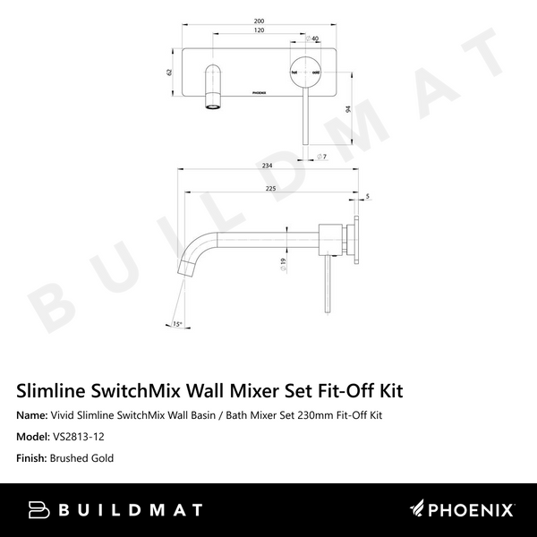 Phoenix Vivid Slimline SwitchMix Wall Basin / Bath Mixer Set 230mm Fit-Off Kit Brushed Gold