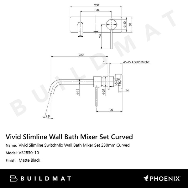 Phoenix Vivid Slimline SwitchMix Wall Bath Mixer Set 230mm Curved Matte Black