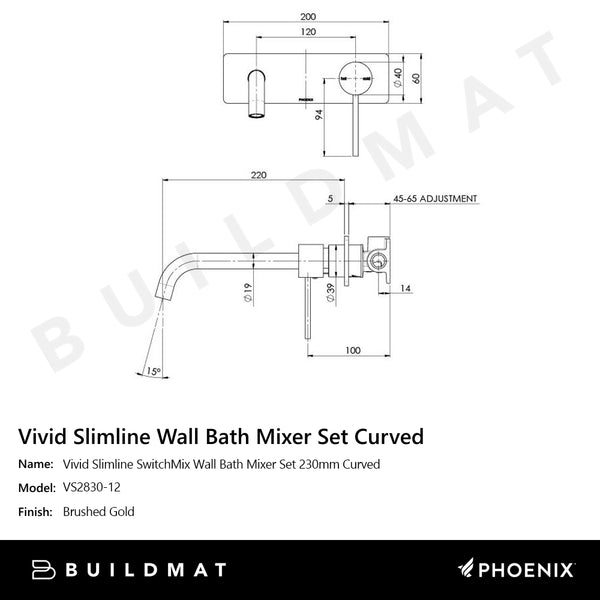 Phoenix Vivid Slimline SwitchMix Wall Bath Mixer Set 230mm Curved Brushed Gold
