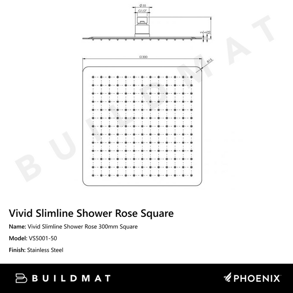 Phoenix Vivid Slimline Shower Rose 300mm Square Stainless Steel