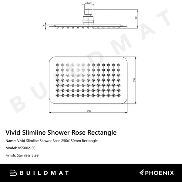 Phoenix Vivid Slimline Shower Rose 250x150mm Rectangle Stainless Steel