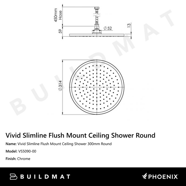 Phoenix Vivid Slimline Flush Mount Ceiling Shower 300mm Round Chrome