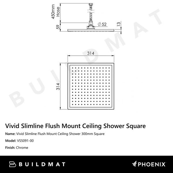 Phoenix Vivid Slimline Flush Mount Ceiling Shower 300mm Square Chrome