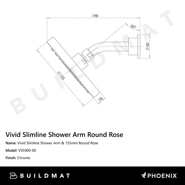 Phoenix Vivid Slimline Shower Arm & 155mm Round Rose Chrome