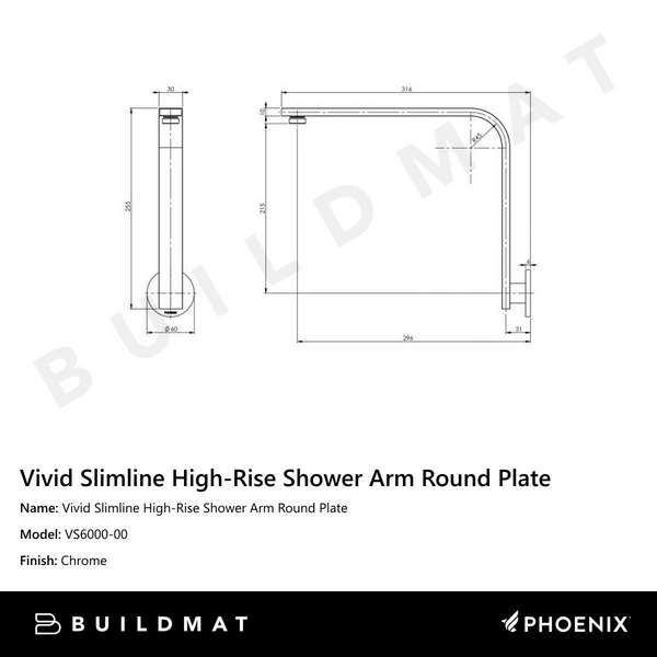 Phoenix Vivid Slimline High-Rise Shower Arm Round Plate Chrome