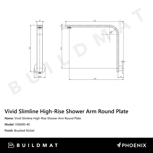 Phoenix Vivid Slimline High-Rise Shower Arm Round Plate Brushed Nickel