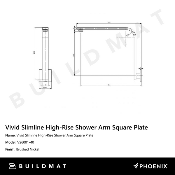 Phoenix Vivid Slimline High-Rise Shower Arm Square Plate Brushed Nickel