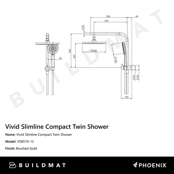 Phoenix Vivid Slimline Compact Twin Shower Brushed Gold