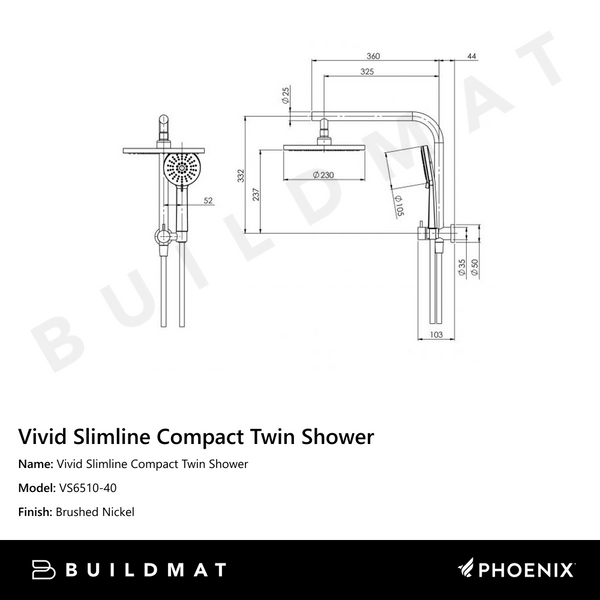 Phoenix Vivid Slimline Compact Twin Shower Brushed Nickel