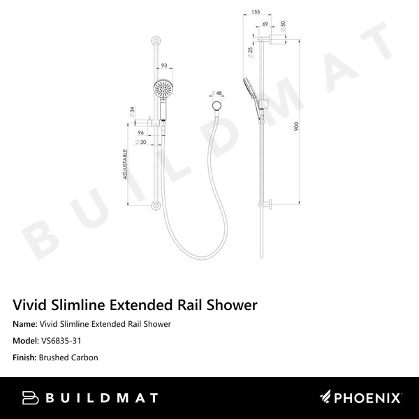 Phoenix Vivid Slimline Extended Rail Shower Brushed Carbon