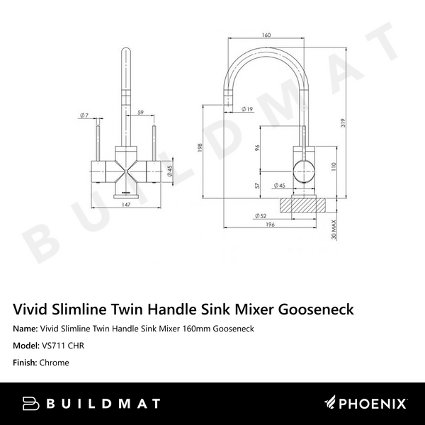 Phoenix Vivid Slimline Twin Handle Sink Mixer 160mm Gooseneck Chrome