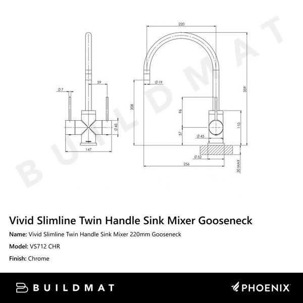 Phoenix Vivid Slimline Twin Handle Sink Mixer 220mm Gooseneck Chrome