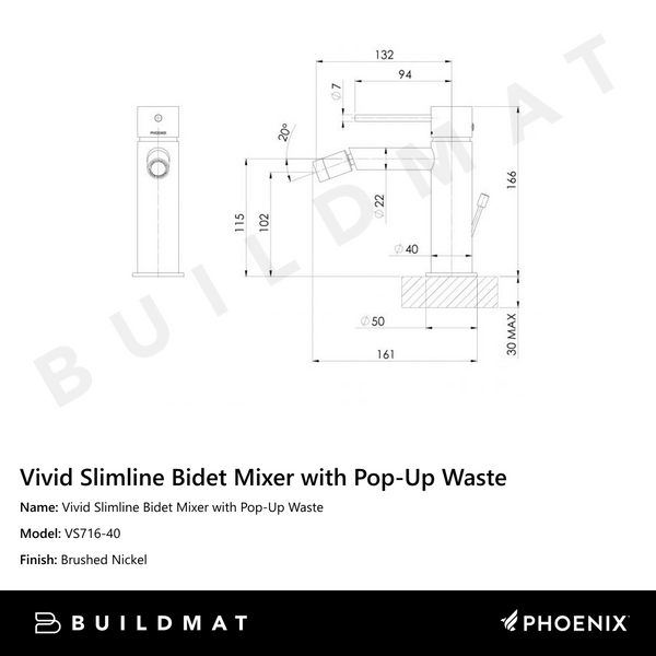 Phoenix Vivid Slimline Bidet Mixer with Pop-Up Waste Brushed Nickel