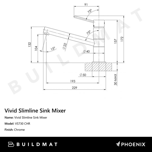 Phoenix Vivid Slimline Sink Mixer 190mm Chrome