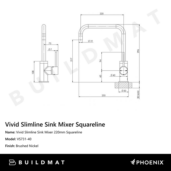 Phoenix Vivid Slimline Sink Mixer 220mm Squareline Brushed Nickel