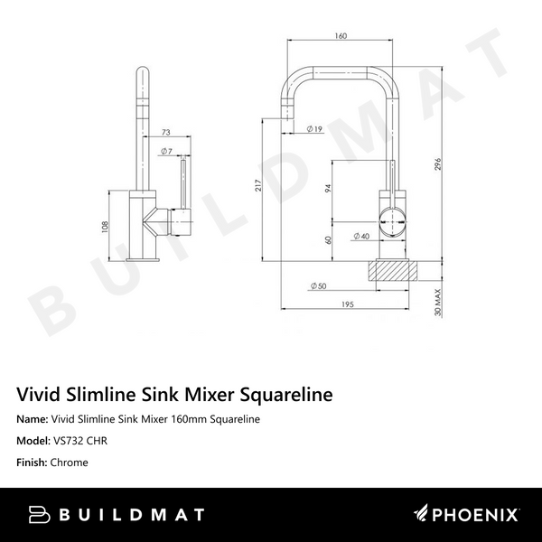 Phoenix Vivid Slimline Sink Mixer 160mm Squareline Chrome