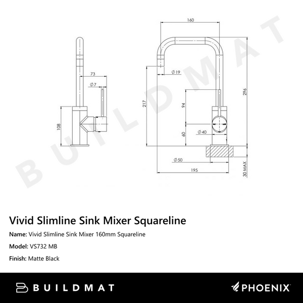 Phoenix Vivid Slimline Sink Mixer 160mm Squareline Matte Black