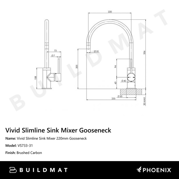 Phoenix Vivid Slimline Sink Mixer 220mm Gooseneck Brushed Carbon